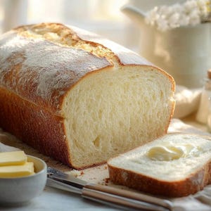 May include: A loaf of freshly baked white bread with a soft, fluffy crumb. A slice of bread is topped with a pat of butter. The bread is sitting on a white linen tablecloth.