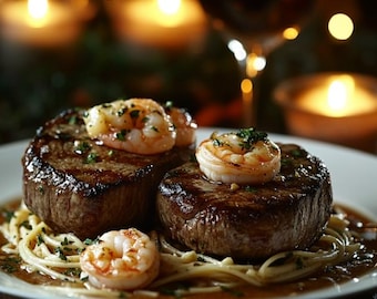 EASY RECIPE For Filet Mignon & Garlic Butter Shrimp : Creamy Linguine (Printable PDF)