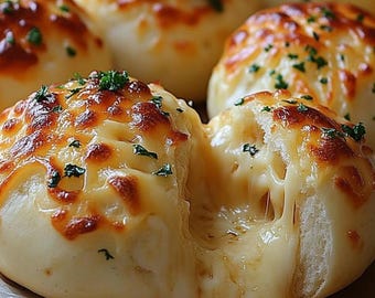 May include: Close-up of a group of soft, round rolls topped with melted cheese and green herbs. The cheese is stringy and gooey, and the rolls are golden brown.