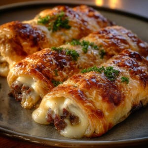 Ricetta PDF per i migliori rotoli di pasta sfoglia con carne e formaggio - Sformato salato, idea per cena stampabile, spuntino facile per il brunch, download immediato, scheda ricetta digitale
