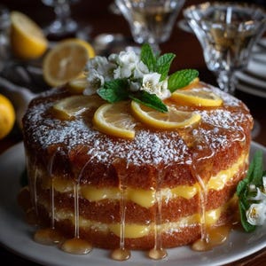 May include: A layered lemon cake with a honey glaze, decorated with lemon slices, white flowers, and mint leaves. The cake is on a white plate, with a dark wooden table in the background. The cake is a dessert.
