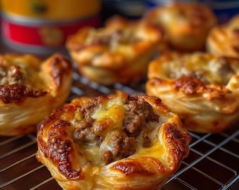 May include: Close-up of several golden-brown, baked pastries filled with ground meat and melted cheese. The pastries sit on a metal cooling rack, with blurred cans in the background. The pastry edges are flaky and crispy.