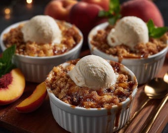 May include: Three white ramekins of peach cobbler, each topped with vanilla ice cream. Fresh peaches and mint leaves are arranged around the ramekins on a wooden board. Gold spoons are on the right.