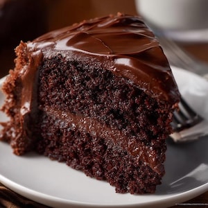 May include: A generous slice of chocolate cake, with a dark chocolate glaze, is presented on a white plate. The cake's layers are visible, and a fork is placed alongside. A delicious dessert.