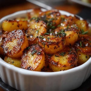 May include: A white bowl filled with golden-brown roasted potatoes. The potatoes are seasoned with herbs and salt, and have a crispy exterior. The dish is a close-up shot, highlighting the texture and color of the food.