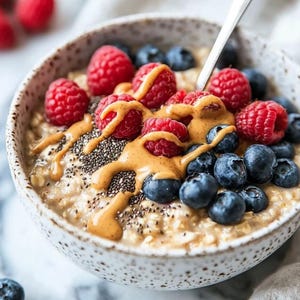 Puede incluir: Primer plano de un cuenco de avena cubierto con frambuesas frescas, arándanos, semillas de chía y un chorrito de mantequilla de cacahuete. La avena se sirve en un cuenco de cerámica moteada con una cuchara plateada.