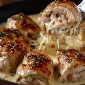 May include: A close-up shot of chicken roulades in a creamy sauce. The chicken is golden brown, stuffed with a creamy filling, and garnished with fresh herbs. The sauce is a light beige colour and looks rich and flavourful.