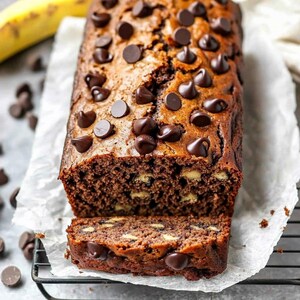 May include: A loaf of chocolate banana bread with chocolate chips on top, sliced in half and sitting on a white parchment paper-lined baking rack.