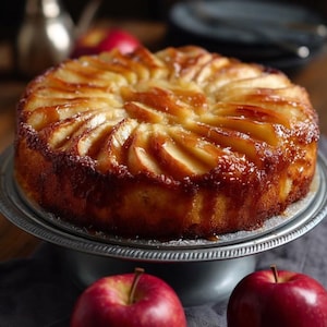 Può includere: Una torta di mele dorata con una glassa lucida, presentata su un'alzatina d'argento. La torta è guarnita con fette di mela disposte a cerchio. Due mele rosse in primo piano.