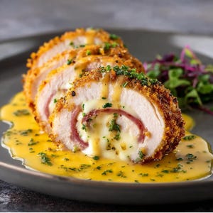 May include: Sliced chicken cordon bleu on a gray plate. The chicken is breaded and golden brown, with a filling of ham and melted cheese. A yellow sauce with herbs surrounds the chicken, and a small salad is on the side. A delicious meal.