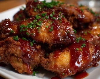 May include: A close-up shot of a plate of fried chicken wings. The wings are golden brown, coated in a dark red sauce, and garnished with chopped green chives. The wings are arranged on a white square plate.