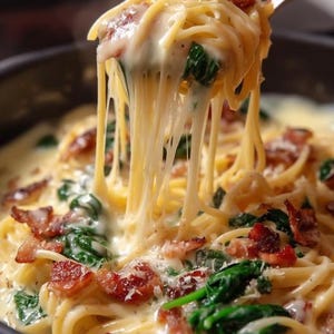 Creamy Spaghetti Recipe: Spinach & Crispy Bacon (Printable PDF)