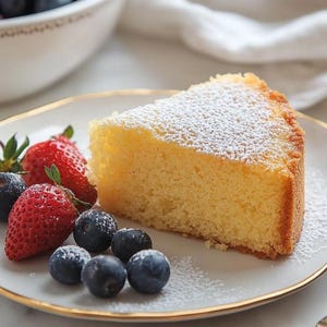 Puede incluir: Una rebanada de pastel amarillo espolvoreada con azúcar glas sobre un plato blanco con borde dorado. Fresas y arándanos frescos están dispuestos alrededor del pastel. Un cuenco de arándanos está en el fondo.