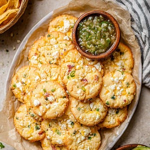 May include: A platter of round, golden-brown savoury biscuits topped with crumbled white cheese, shredded yellow cheese, and green herbs. A small wooden bowl filled with a green salsa sits among the biscuits, accompanied by a basket of tortilla chips.