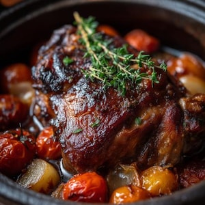 May include: A close-up of a roasted meat dish in a dark, round casserole dish. The meat is a rich brown colour, garnished with fresh green herbs. Roasted red tomatoes and onions surround the meat, all in a savoury sauce.