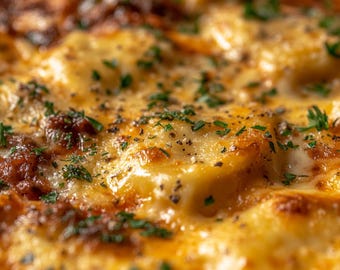 May include: Close-up of a golden brown lasagna with a layer of melted cheese and fresh parsley on top.