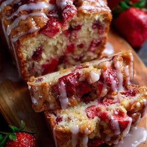 BEST RECIPE For Strawberry Glazed Loaf Cake PDF – Moist Fruit Bread with Fresh Strawberries & Vanilla Icing.