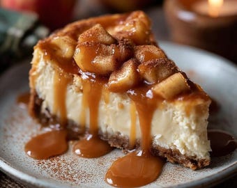 May include: A slice of cheesecake with a graham cracker crust, topped with caramelized apples and drizzled with caramel sauce. The dessert sits on a light blue plate, with caramel sauce pooling around the base. Cinnamon is sprinkled on top of the apples.