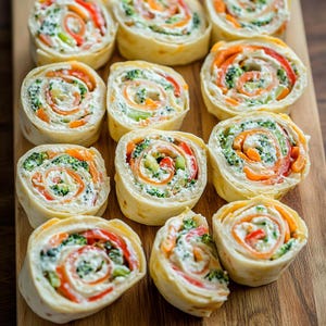 Puede incluir: Primer plano de una tabla de cortar de madera con varios aperitivos en forma de molinete. Los aperitivos est&aacute;n hechos con tortillas, queso crema y verduras como br&oacute;coli, zanahorias y pimientos rojos.