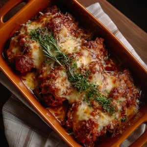 Op de afbeelding: Een gebakken ovenschotel gevuld met een stevige maaltijd. De schaal is warm oranje van kleur en bevat een rijke rode saus, gesmolten kaas en kruiden. Het eten wordt geserveerd op een gestreepte doek.