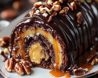 Puede incluir: Un rollo de pastel de chocolate con relleno de caramelo y cobertura de nueces de pecán. El pastel está cubierto con un rico glaseado de chocolate y rociado con salsa de caramelo.