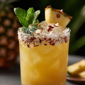 May include: A refreshing cocktail in a clear glass, garnished with a pineapple wedge and fresh mint. The rim is coated with coconut flakes and chopped nuts. The drink has a yellow hue, suggesting tropical flavors.