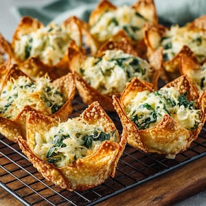 Puede incluir: Primer plano de varias tazas de wonton doradas y crujientes rellenas con una cremosa mezcla de espinacas y queso. Los aperitivos están dispuestos sobre una rejilla negra, lo que sugiere un tema culinario.