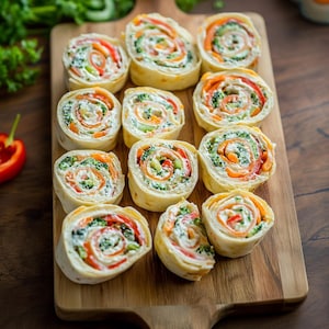 May include: A wooden board with 12 rolled up tortilla wraps filled with cream cheese, broccoli, carrots, and red bell peppers.