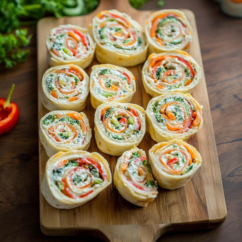 Puede incluir: Una tabla de madera con 12 rollos de tortilla rellenos de queso crema, br&oacute;coli, zanahorias y pimientos rojos.