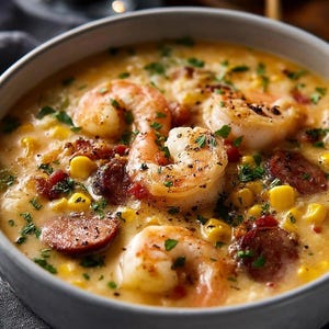 May include: A close-up shot of a bowl filled with creamy shrimp and sausage stew. The stew is a light yellow color, with visible pieces of corn, sausage, and shrimp. Garnished with fresh parsley.