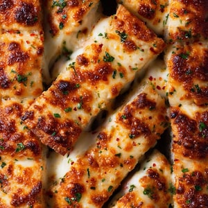 May include: Overhead shot of cheesy garlic bread. The bread is cut into rectangular pieces, with melted cheese and herbs visible. The top of the bread is golden brown and slightly charred.