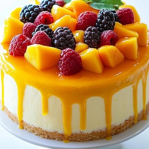 Op de afbeelding: Een ronde cheesecake met een koekjesbodem, gegarneerd met verse mangostukjes, frambozen en bramen. De cake is bedekt met een glanzend oranje glazuur dat langs de zijkanten naar beneden druipt. Een takje groene bladeren ligt bovenop de cake.