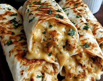 May include: Close-up of several golden-brown burritos filled with chicken and melted cheese, garnished with chopped parsley. A bowl of shredded cheese and a small bowl of sauce are in the background. The burritos are on a wooden cutting board.