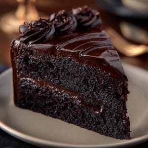 Puede incluir: Una porción de pastel de chocolate negro sobre un plato blanco. El pastel está cubierto con glaseado de chocolate y cubierto con rosetas de crema de mantequilla de chocolate y virutas de chocolate. El pastel tiene un glaseado de chocolate brillante.