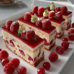 Puede incluir: Rebanadas rectangulares de pastel de frambuesa con un relleno cremoso y una cobertura de glaseado rojo. Frambuesas frescas y ramitas de vegetación decoran la parte superior. Los pasteles están dispuestos en un plato blanco, con frambuesas adicionales esparcidas.