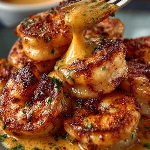 May include: A close-up shot of a pile of cooked prawns with a golden-brown crust, covered in a creamy, yellow sauce. The prawns are garnished with green herbs and served with a side of sauce. A fork holds more sauce.