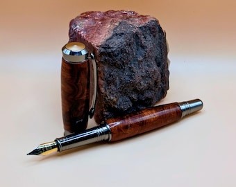 Hand-Turned Highly Figured Ironwood Burl Fountain Pen with Gunmetal Hardware, Gold Nib