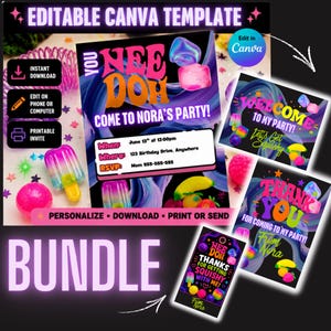 May include: An editable digital party invitation bundle featuring a black background with colorful swirling patterns, neon text, and graphics of squishy toys, popsicles, and fruit. Includes a main invite, welcome sign, thank you card, and favor tag.