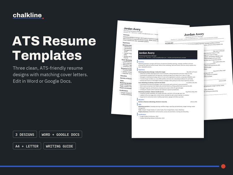 ATS Resume Template Word, Google Docs Resume, Cover Letter Template, Professional CV Template, 1 and 2 Page Resume