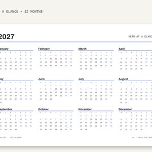 2027 Calendar Printable, Year at a Glance, Monthly Calendar 2027, Minimal Wall Calendar, A4 Letter, Sunday Monday Start
