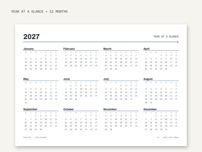2027 Calendar Printable, Year at a Glance, Monthly Calendar 2027, Minimal Wall Calendar, A4 Letter, Sunday Monday Start