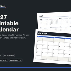 2027 Calendar Printable, Year at a Glance, Monthly Calendar 2027, Minimal Wall Calendar, A4 Letter, Sunday Monday Start