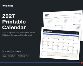 2027 Calendar Printable, Year at a Glance, Monthly Calendar 2027, Minimal Wall Calendar, A4 Letter, Sunday Monday Start