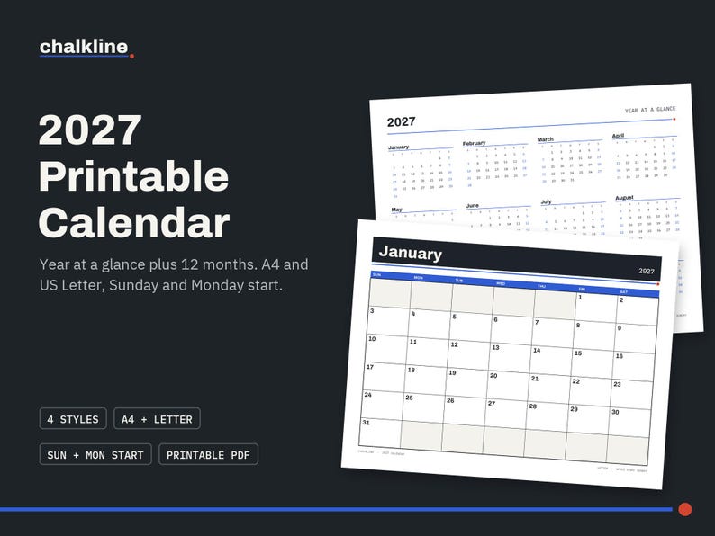2027 Calendar Printable, Year at a Glance, Monthly Calendar 2027, Minimal Wall Calendar, A4 Letter, Sunday Monday Start