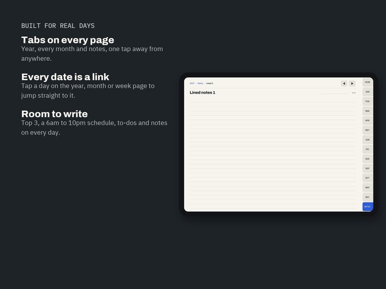 2027 Digital Planner, Hyperlinked GoodNotes Planner, iPad Planner, Daily Weekly Monthly, Minimal Dark Mode, Notability