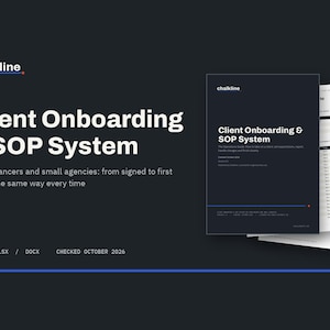 May include: A digital document set titled Client Onboarding & SOP System by chalkline. The dark blue cover features white text, a blue horizontal line, and a red dot. Additional pages are visible behind the main document cover.