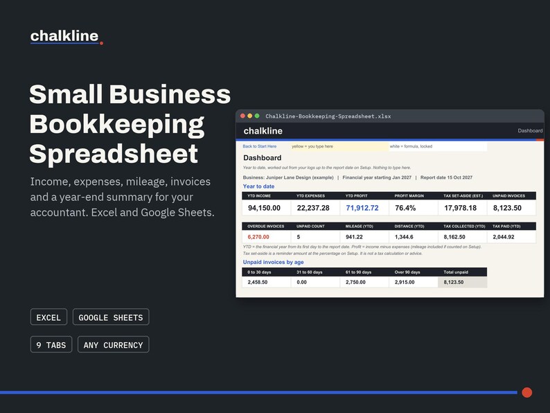Small Business Bookkeeping Spreadsheet, Excel Google Sheets, Income Expense Tracker, Profit and Loss, Mileage Log, Invoices