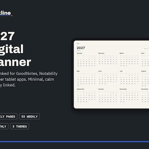 2027 Digital Planner, Hyperlinked GoodNotes Planner, iPad Planner, Daily Weekly Monthly, Minimal Dark Mode, Notability