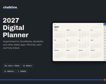 2027 Digital Planner, Hyperlinked GoodNotes Planner, iPad Planner, Daily Weekly Monthly, Minimal Dark Mode, Notability