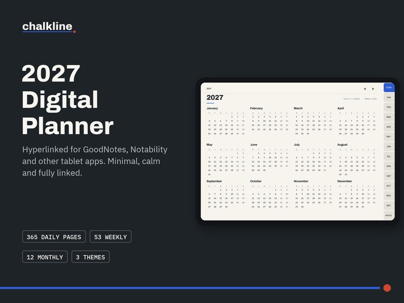 2027 Digital Planner, Hyperlinked GoodNotes Planner, iPad Planner, Daily Weekly Monthly, Minimal Dark Mode, Notability